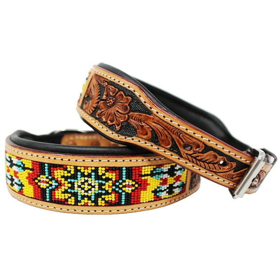XSmall 9''- 13'' Hand Tooled Beaded Padded Leather Dog Collar  60127
