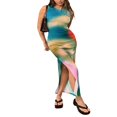 thumbnail image 3 of EIMELI Robe Longue d'Été pour Femmes Col Rond Imprimé Teinture sur Nœuds Robe Ajustée Fendue sur le Côté Robe Moulante Sans Manches Style D m, 3 of 5