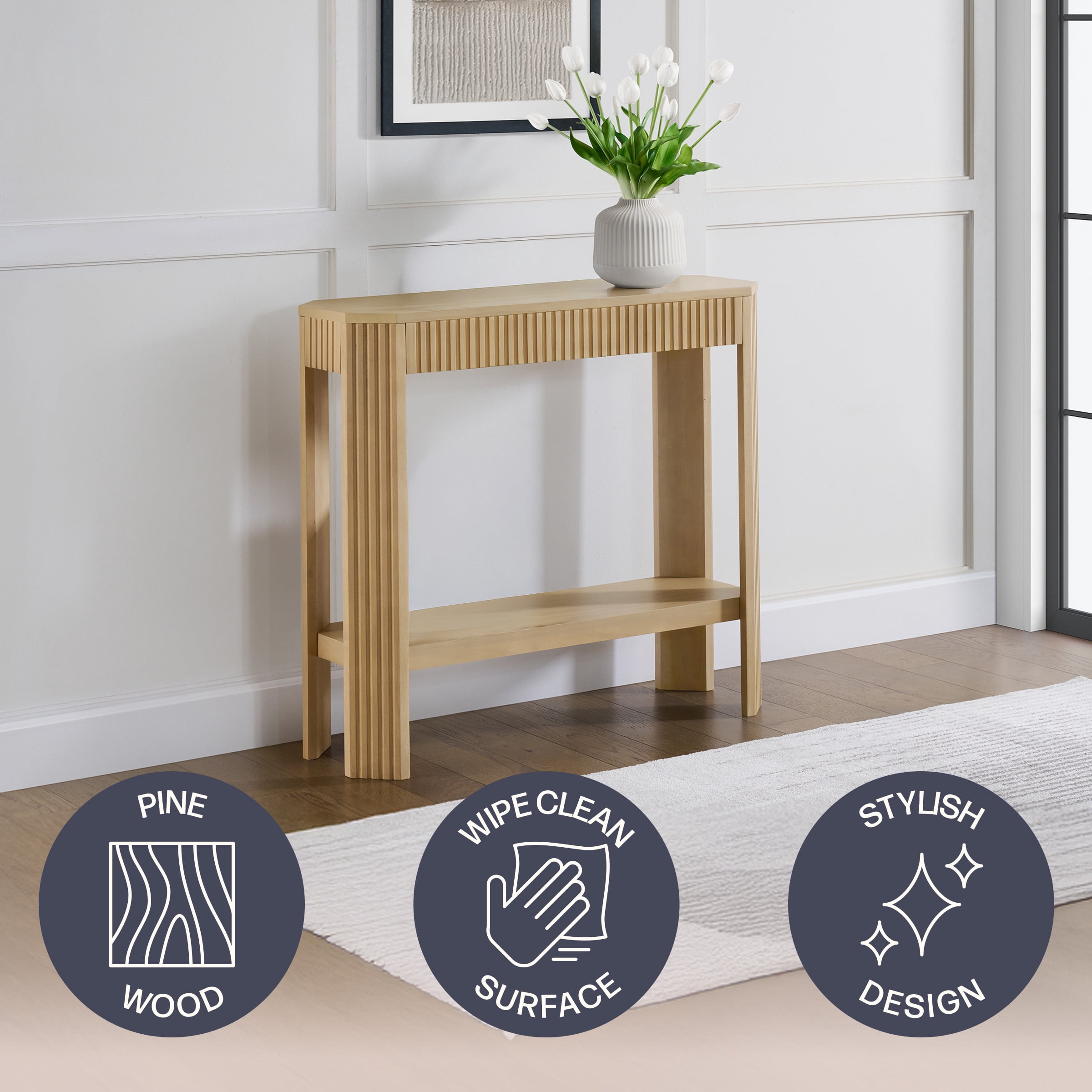 Alaterre Furniture Fluted Wood Console Table - 36in Modern Entryway Table with Storage Shelf, Light Oak