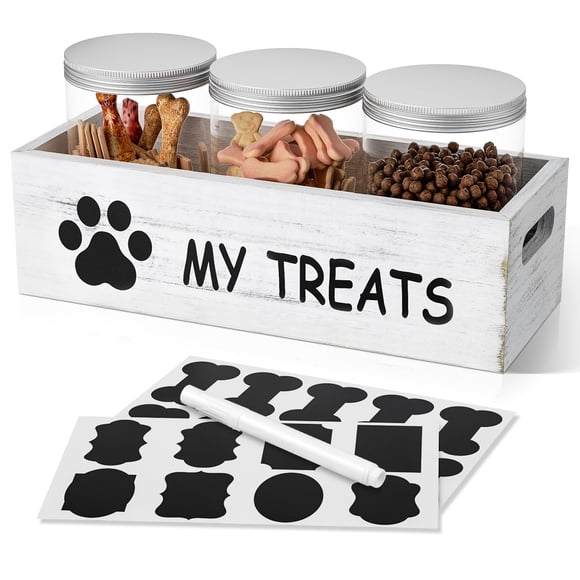Recipiente de golosinas para perros, plegable, con 3 tarros, hermético, de madera blanca