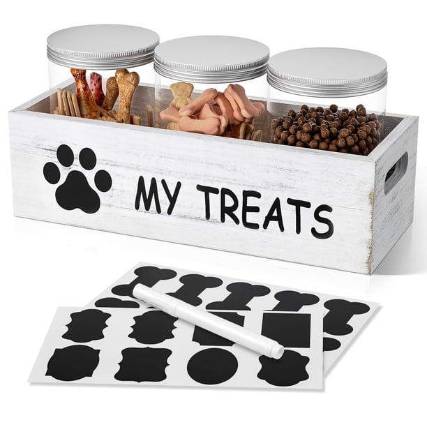 Recipiente de golosinas para perros, plegable, con 3 tarros, hermético, de madera blanca