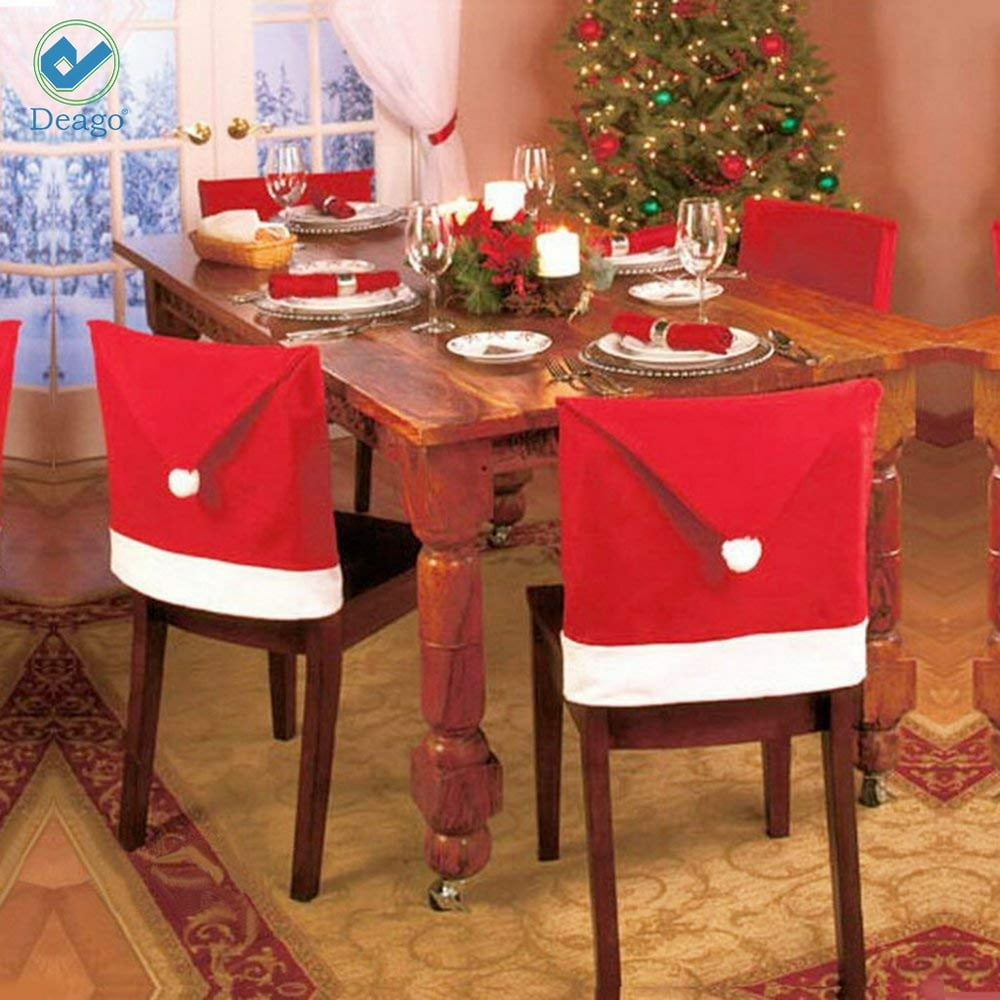 Deago 1 PCS Santa Clause Hat Chair Covers, Red Hat Kitchen Chair Back