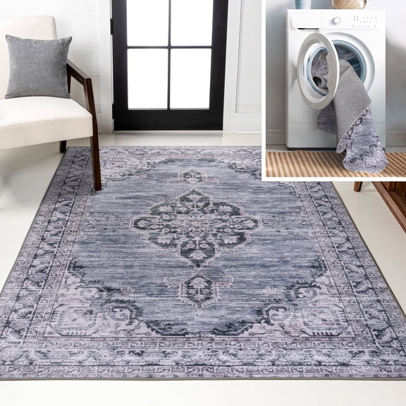 JONATHAN Y WASHABLE 5 x 8 Area Rug, Wincer Chenille Cottage Medallion - Navy/Gray/Black, WSH202A-5
