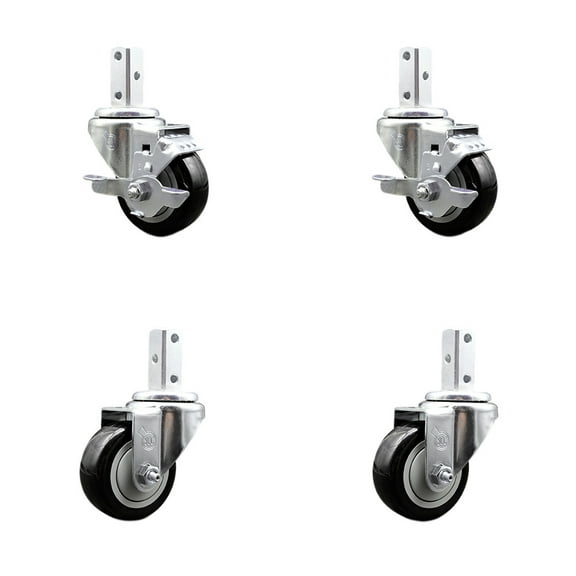 3 Inch Black Polyurethane Wheel Swivel 3/4 Inch Square Stem Caster Set 2 Brakes
