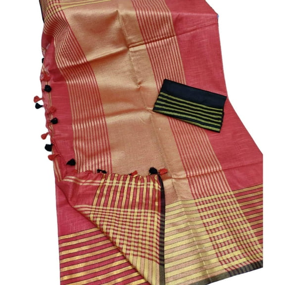 India Meets India Christmas Ethnic Indian Women's Bhagalpuri Bihar Handloom Cotton Khadi Saree with Contrast Blouse (Red & Black Blouse)