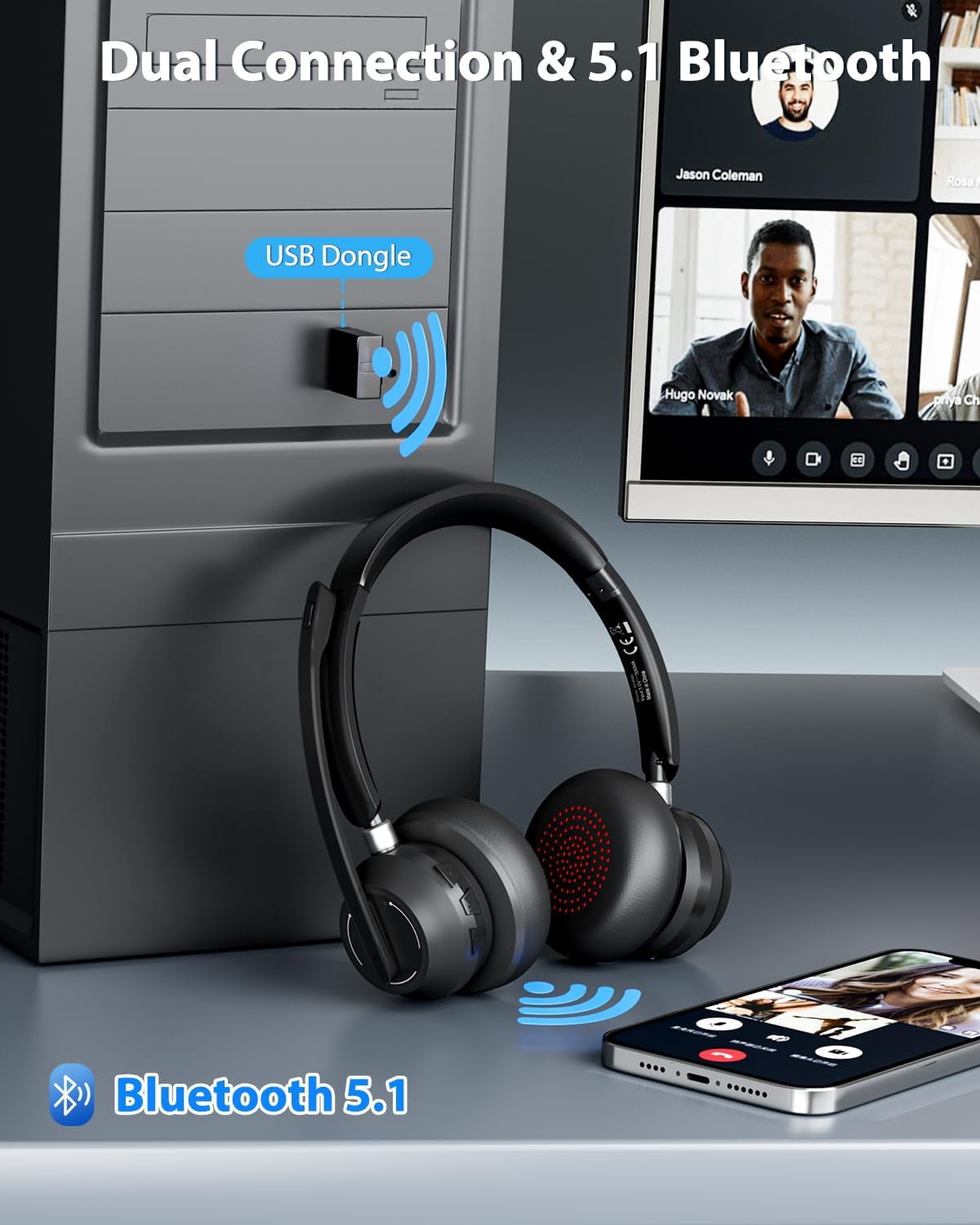 Bluetooth Wireless Headset with Microphone & USB Dongle, Noise Cancelling Headphones for PC/Mac, Zoom Teams Calls "