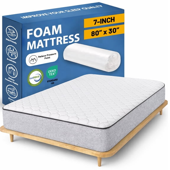 Continental Sleep, 7-Inch Medium Firm High Density Foam Mattress, Comfortable Mattress for Cooler Sleep, Supportive & Pressure Relief, 80" x 30", White