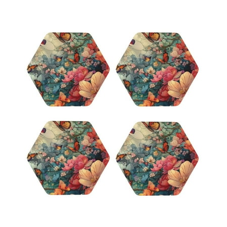 

Junzan Butterflies In Blooming Garden Print Coasters for Drinks - Leather Coasters Set of 4 for Coffee Table for Housewarming/Kitchen/Bar/Decor-Hexagon