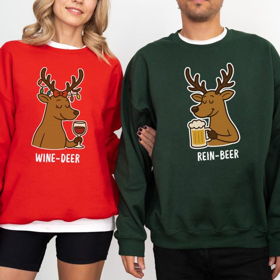 Rein Beer Wine Deer Couple Matching Christmas Sweatshirts, Funny Xmas Men Women's Holiday Gift