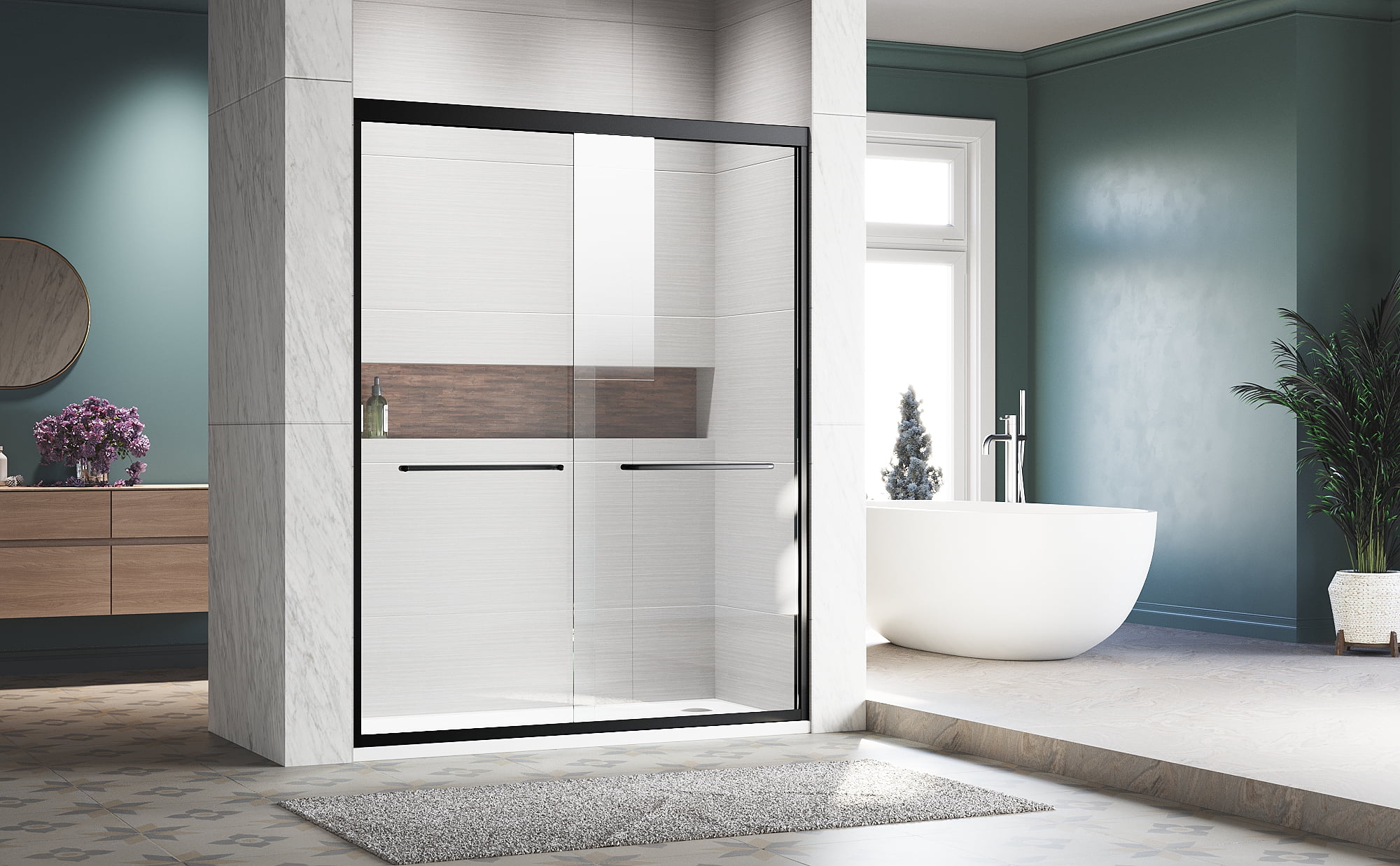 Ikuby Sliding Shower Glass Door, 60 in x 72 in, Clear Tempered Glass, 2-Piece