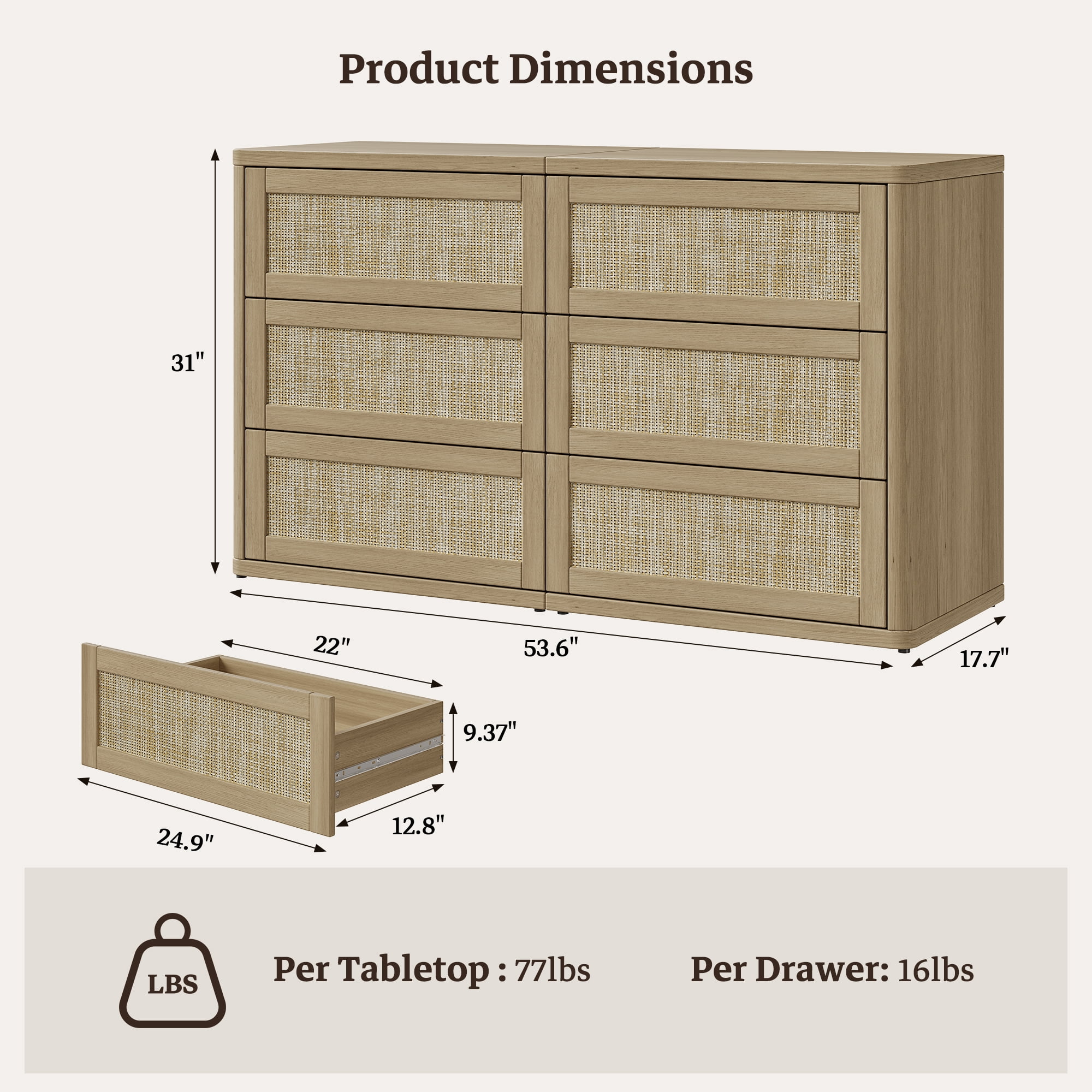 SICOTAS 53.6" Wide 6 Drawer Modular Rattan Dresser for Bedroom, Long Modern Chest of Drawers with Pop-Up Drawers%& Unique Rattan Design, Amber Oak