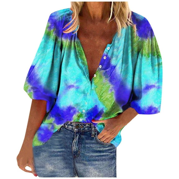Ichuanyi Womens Tops, Fashion Women's Loose Tie-dye Print V-Neck Long Sleeve Buttons Shirt Blouse Tops