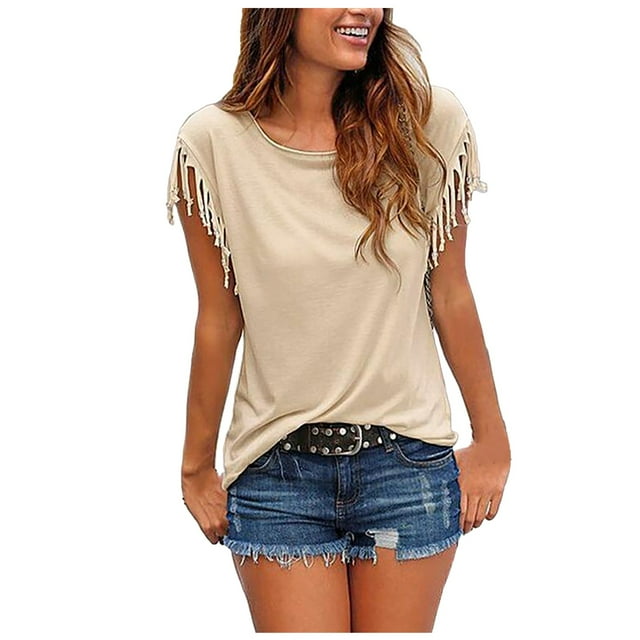 Hiiyo T-Shirt à Franges pour Femme, Manches Courtes, Col Rond, T-Shirt d'Été, Tailles G
