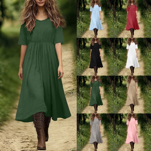 Asxite Summer Dresses for Women Casual Solid Flowy Round Neck Drawstring Short Sleeve Midi Sundress