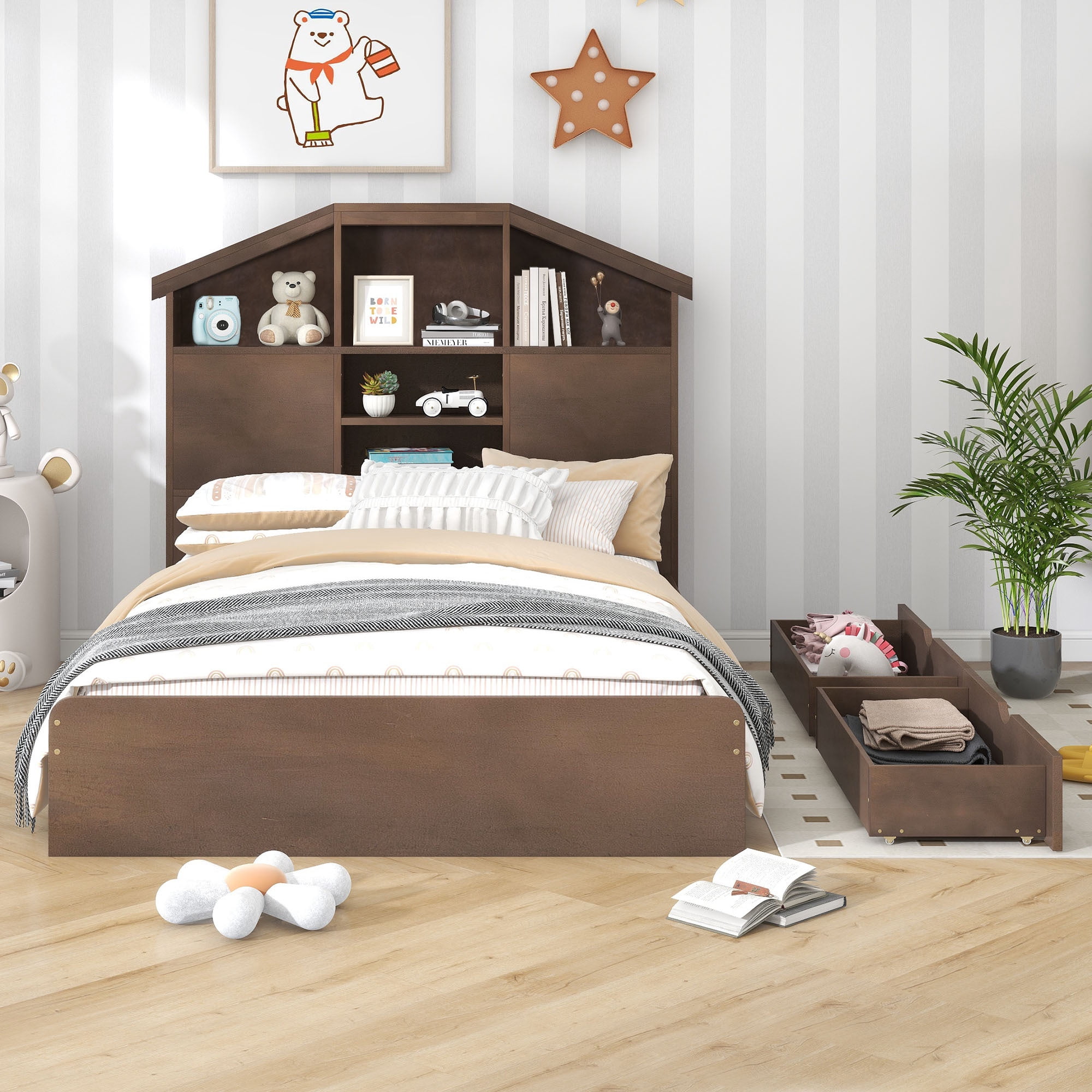 Euroco Wood Full Platform Bed with Storage Headboard Shelf and Drawers for Kids Teens, Walnut