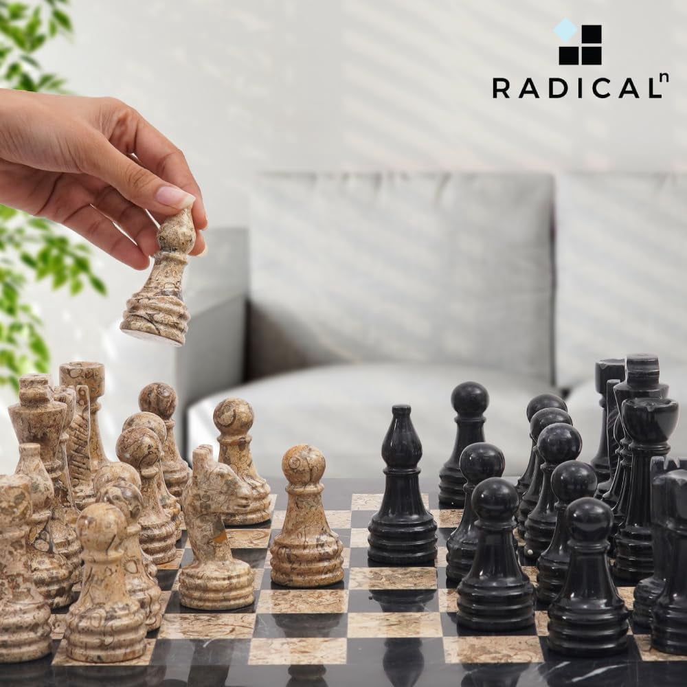 Radicaln Marble Chess Set 15" Inches Black and Fossil Coral Handmade Luxury Board Games for Adults, Ideal Marble Chess Board Game Set & Chess Pieces for Home Décor