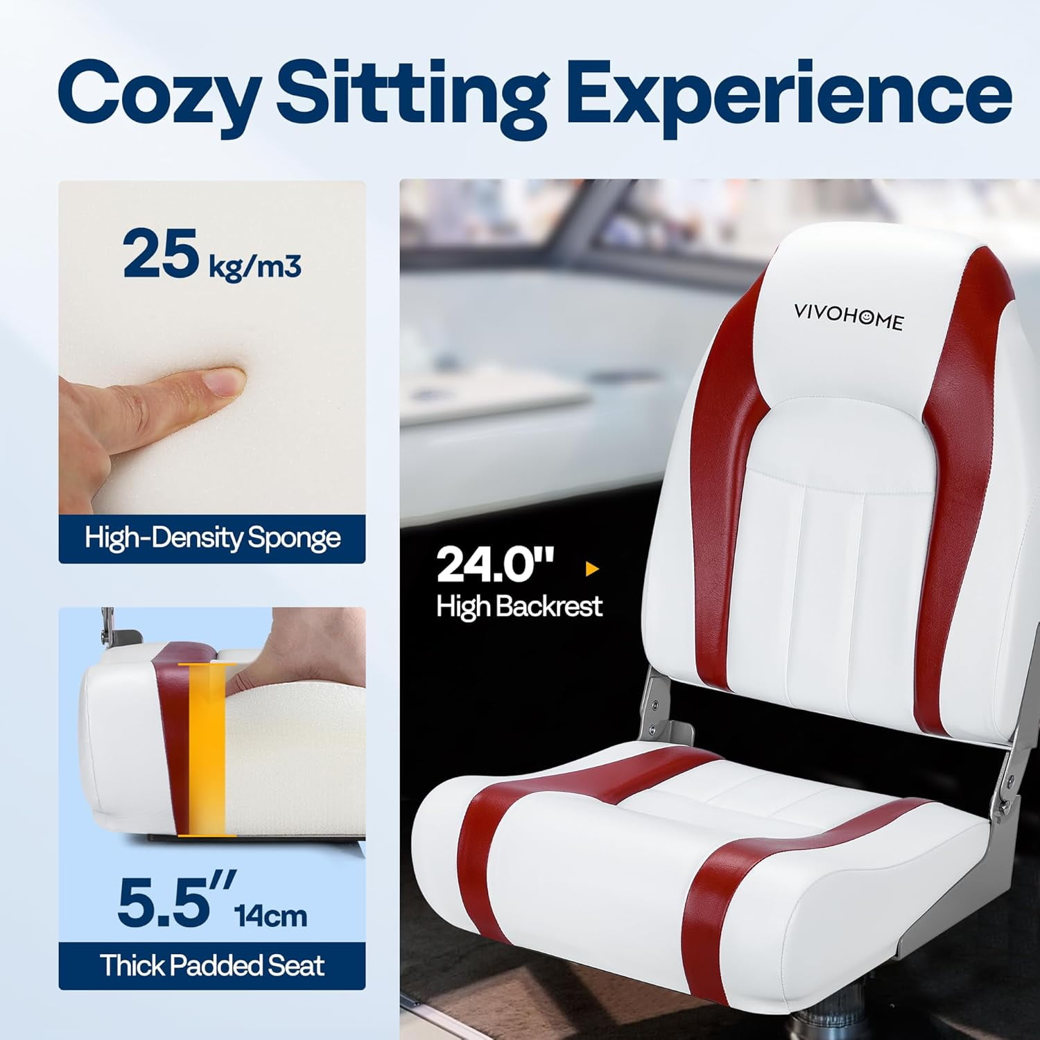 SPECSTAR Folding High Back Boat Seats 2 Pack, Waterproof Boat Captain Chairs, 4 Mounting Screws Included, White and Red