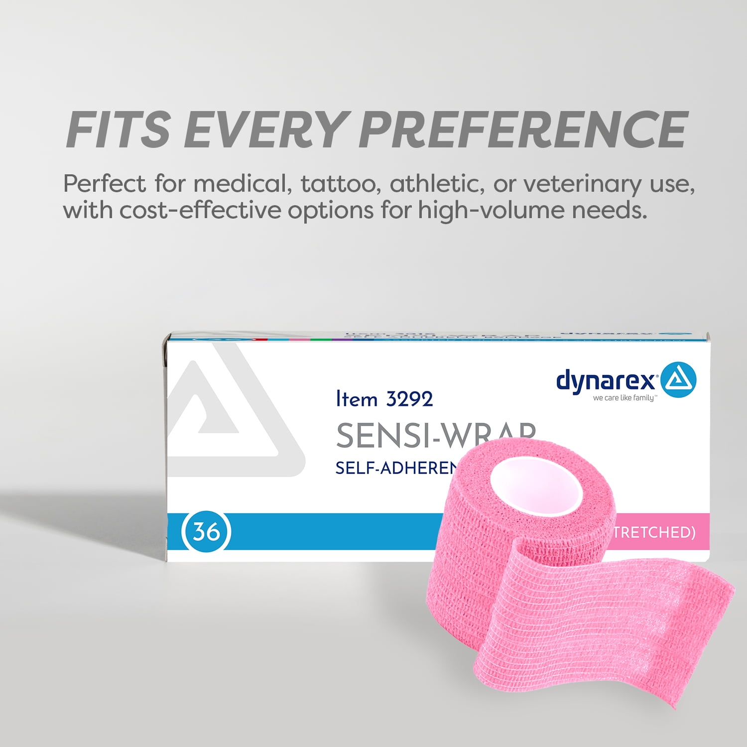 Dynarex Sensi-Wrap Self-Adhesive Bandages, 36-Pack, 2" x 5 yards, Pink, Latex, Colored Elastic Cohesive Athletic Tape, Tattoo Grip & Vet Wrap