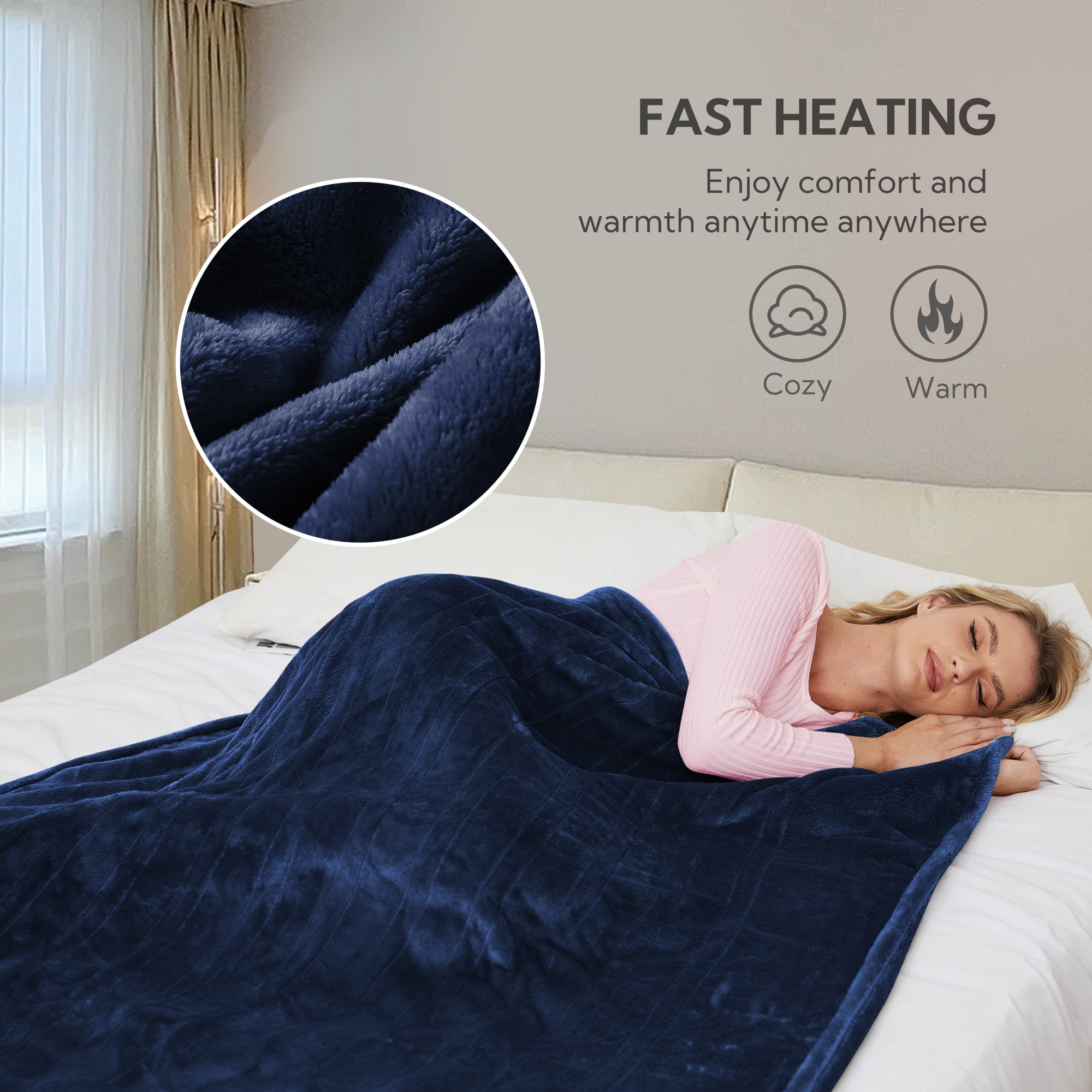 SUNNY HEAT Electric Heated Blanket 50'' x 60'', Soft and Lightweight Plush Double-Sided Flannel Electric Blanket, Navy