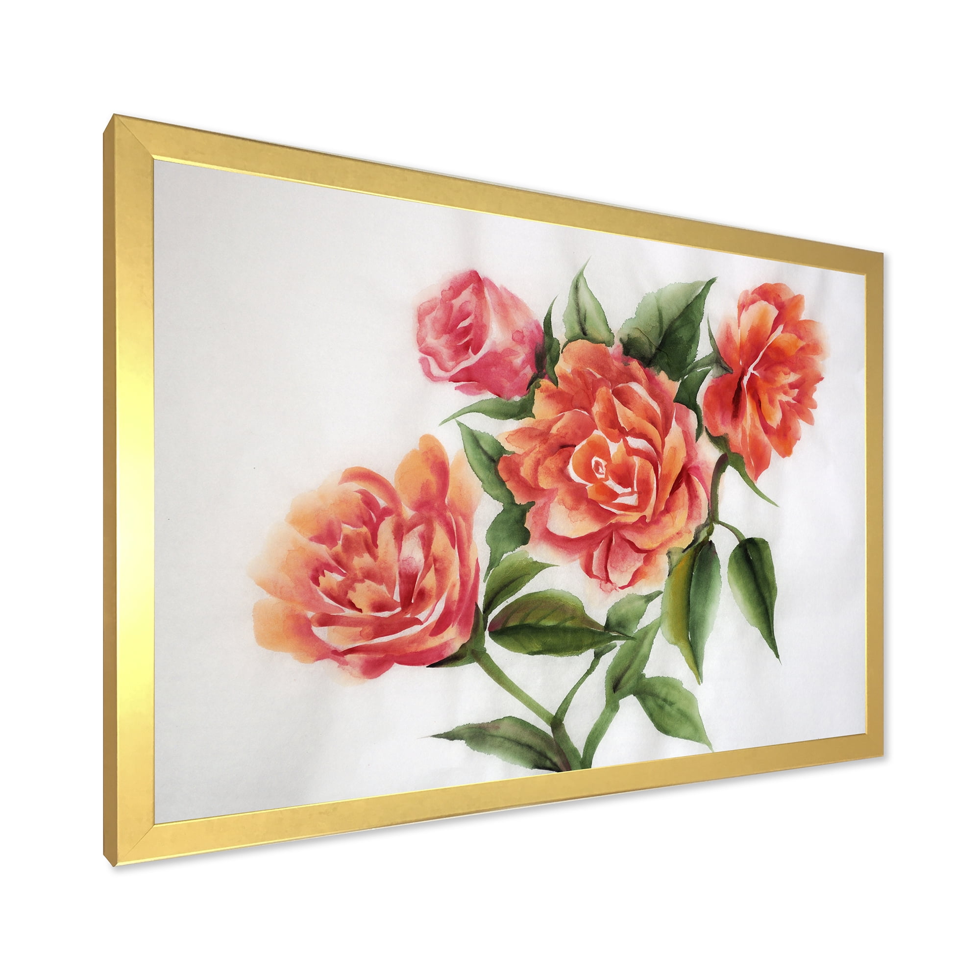 Designart 'Orange VIntage Roses With Green Leaves' Traditional Framed Art Print