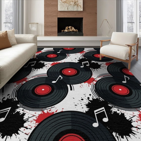 ODIKA 8'x10' Washable Area Rug Non-Slip Chair-Friendly Mat Music Retro Note Record Album Round Repeating Circle Movie Vinyl for Dining Room, Large Office, Lounge