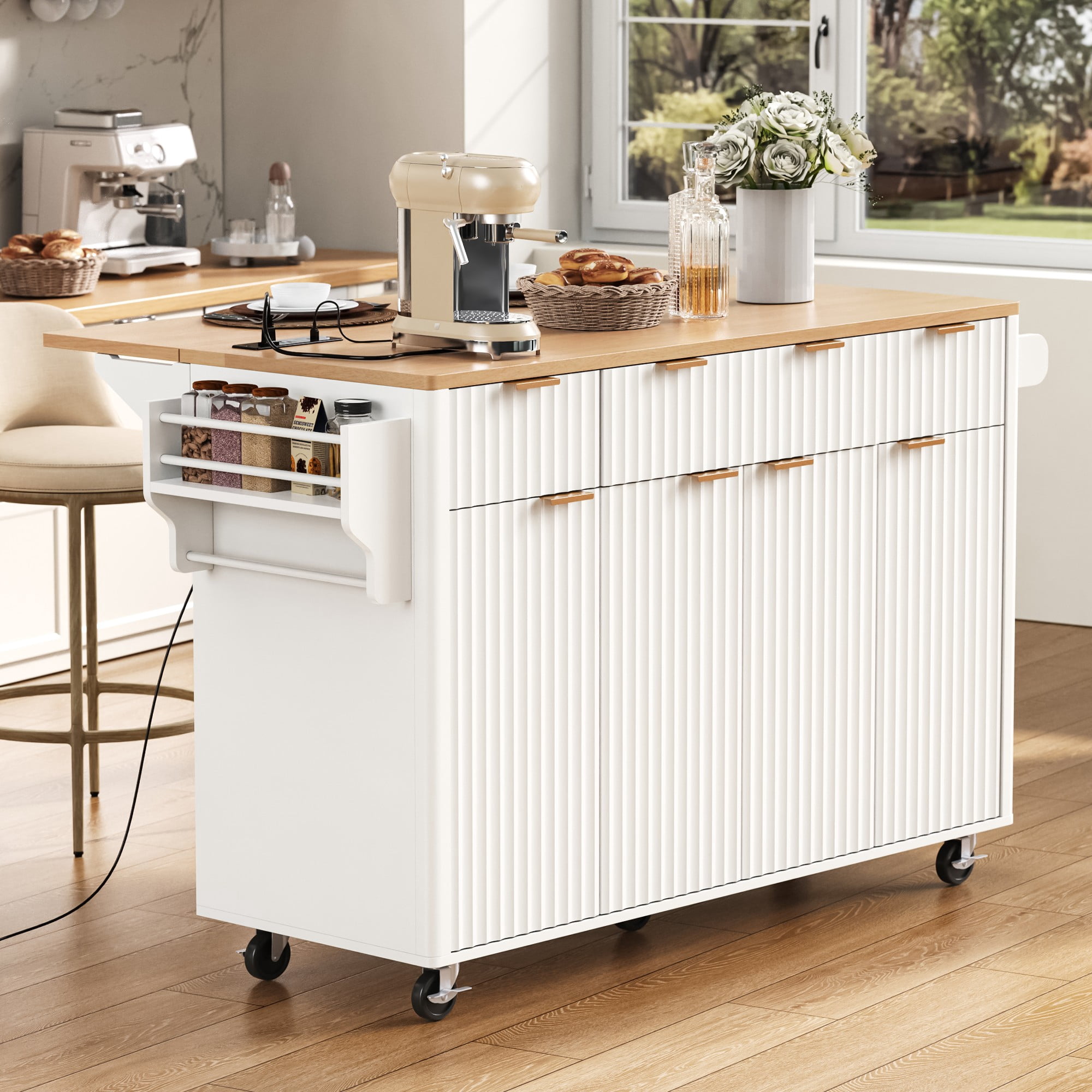 Fluted Kitchen Storage Island with Drop Leaf, Power Outlet, 55.5" Rolling Kitchen Cart with 4 Doors and 3 Drawers