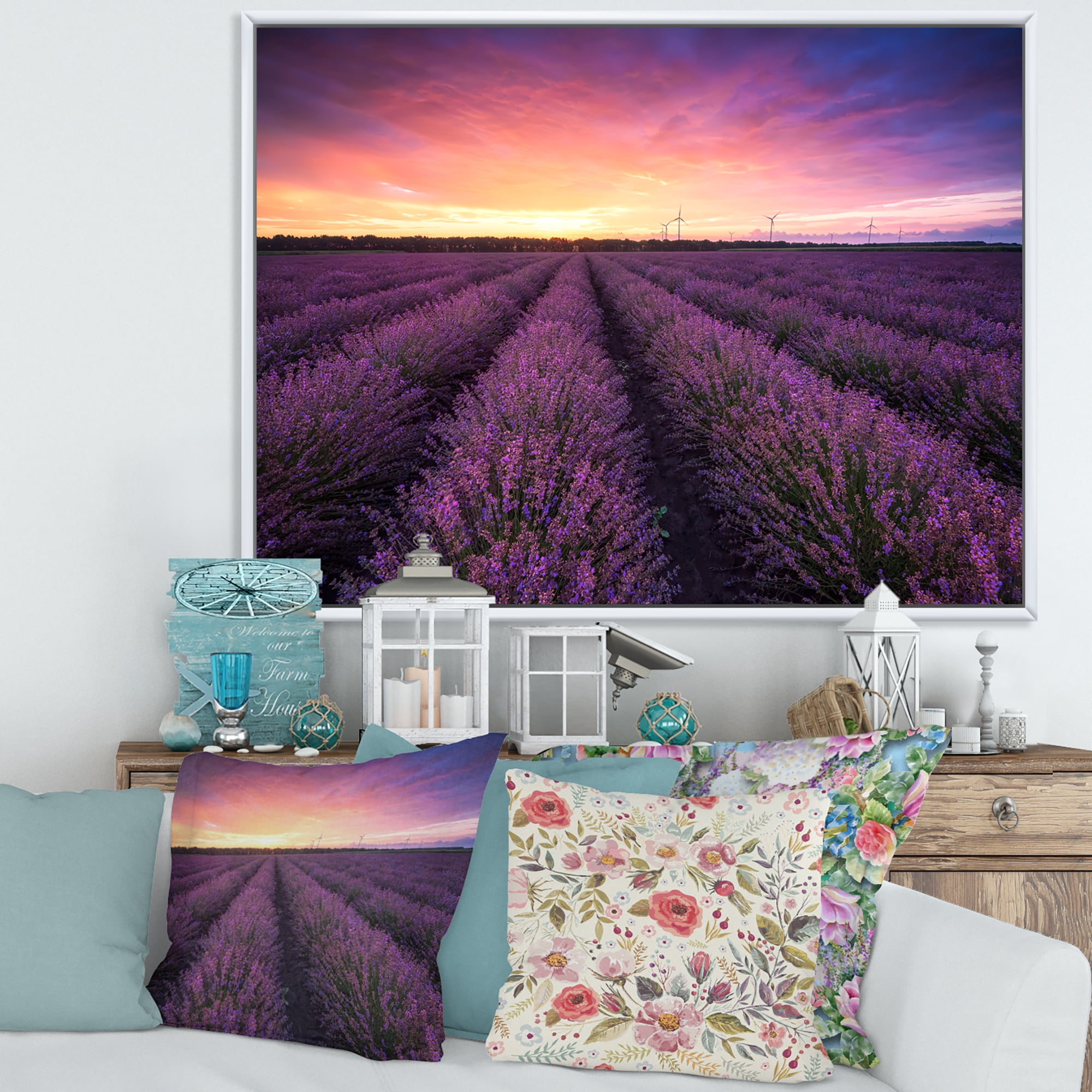 Designart 'Dramatic Clouds and Sunrise Over Lavender Field XIII' Farmhouse Framed Canvas Wall Art Print