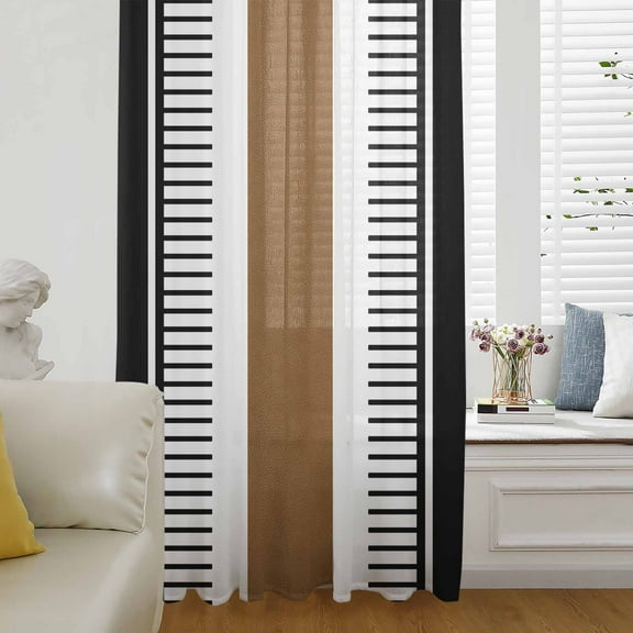 Modern Brown Black Semi Sheer Curtains Drapes for Living Room,Bedroom,French Doors Window 108 Inches Long,Boho Contemporary Geometric Striped Rod Pocket Chiffon Curtain Drapery Voile Draperies Panel