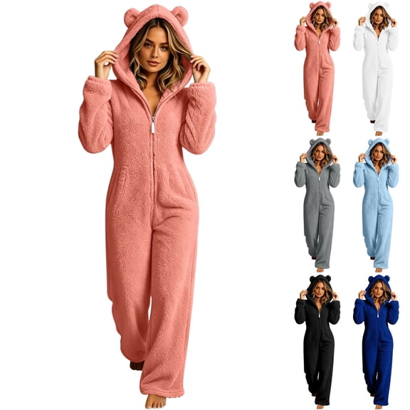 Fengactive Womens Plush Fleece Sleepwear Zip Up Hooded Onesie with Cute Bear Ears and Side Pockets