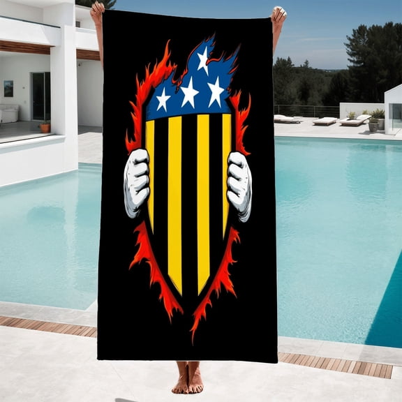 Bold Yellow and Black Striped Beach Towel - Stylish Bath & Pool Towel with Flame Design Perfect for Travel and Swimming