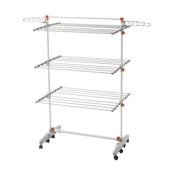 Foldable Rolling 3-Tier Clothes Laundry Drying Rack with Stainless Steel Hanging Rods, Collapsible Shelves and Base for Easy Storage, , Premium Size