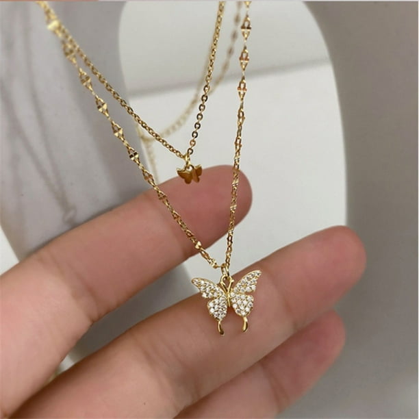 Nuevo Collar De Mariposa Brillante Para Mujer Exquisito Doble Capa Cadena De Clavícula Joyería Para Damas Regalo