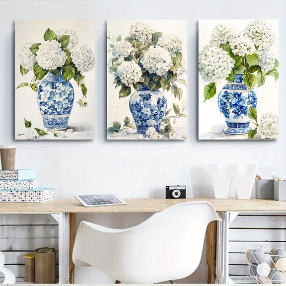 Set of 3 Hydrangea Floral Bouquet Canvas Prints - White Blooms in Blue and White Vases Wall Art, Frameless Decor for Living Room and Bedroom, 16x24 Inches Each, Elegant Light Luxury Artwork for Home
