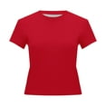 thumbnail image 5 of MIXUE Womens Tops Summer Solid Color Round Neck Short Sleeve Elastic Slim Basic Shirts For Women Tee Shirts Outwear,Red,S, 5 of 6