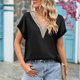 thumbnail image 2 of Top de manga corta con cuello en V y encaje satinado, elegante, transpirable, suelto, Top de verano para mujer para el trabajo, 2 of 6
