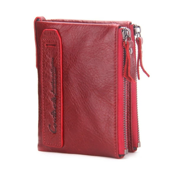 Contact's Leather Wallets for Women, Men's Genuine Leather Card Holder Purse Zipper Coin Pocket Double Zipper Bifold Wallet (Red)