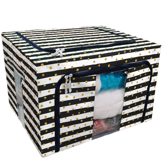 ECZJNT random gold dots white black stripes Storage Bag Clear Window Storage Bins Boxes Large Capacity Foldable Stackable Organizer With Steel Metal Frame For Bedding,Clothes,Closets, Bedrooms
