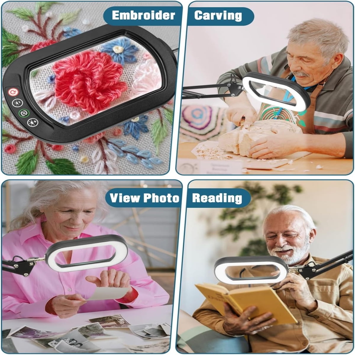 10X Rectangular Lens Magnifying Lamp - 5 Color Stepless Dimming, 2x16" Swing Arm, Head Buttons & 2.6" Clamp for Crafts/Reading/Seniors