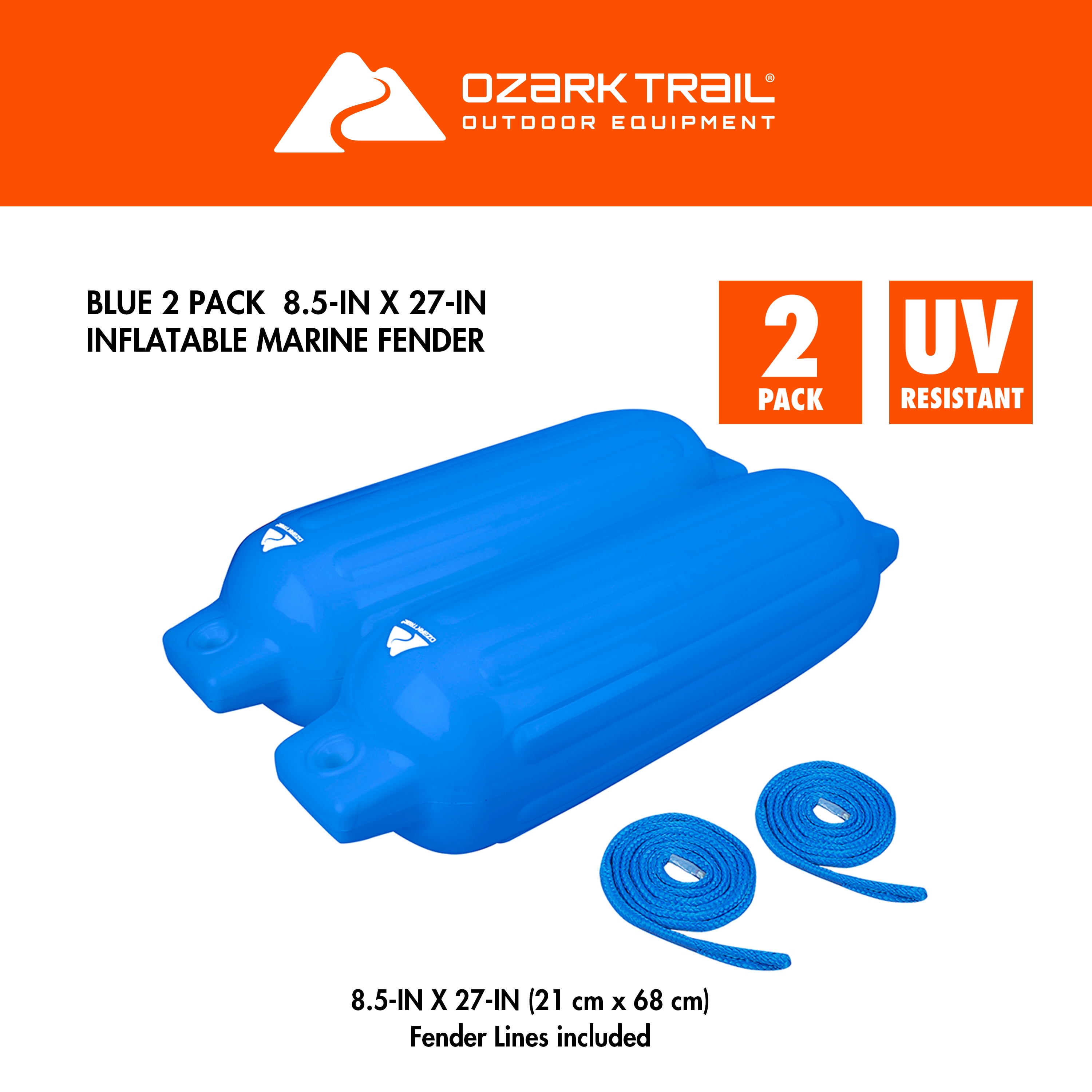 Ozark Trail Inflatable Boat Fenders with Fender Lines, Blue, 8.5 in x 27 in, 2-Pack