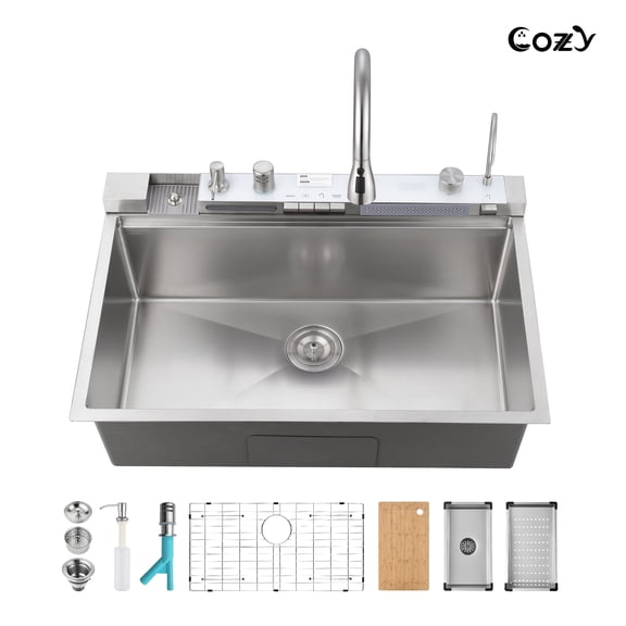 COZY Kitchen Sink Whale Digital Waterfall Sink, Flying rain Waterfall Kitchen Sink with Pull Down Sprayhead Faucet and Pressurized Cup Washer, 33"×22″ Stainless Steel Single Bowl Sink, SS-BR10-332212