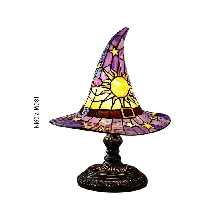 Stained Glass Witch Hat Lamp – Handcrafted Resin Gothic Night Light, USB Powered, Purple, 18cm – Halloween & Witchcore Decor