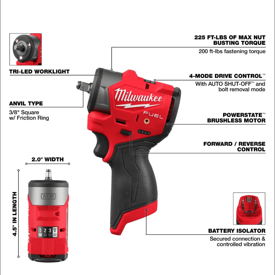Milwaukee M12 FUEL 3/8" Subcompact POWERSTATE™ brushless Impact Wrench (3049-20)