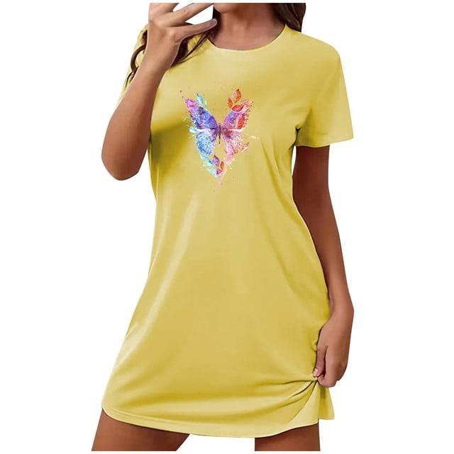 Mrat Pyjamas pour Femmes Jupe Robe de Nuit Manches Courtes Chemise de Nuit Décontractée Imprimée Robe de Nuit Ample Confortable S-98 Jaune G
