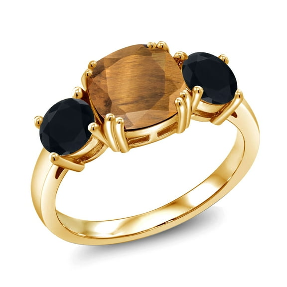 Gem Stone King 18K Yellow Gold Plated Silver Brown Tiger Eye and Black Onyx 3 Stone Engagement Ring for Women (2.95 Cttw, Gemstone, Cushion 8MM, Size 9)