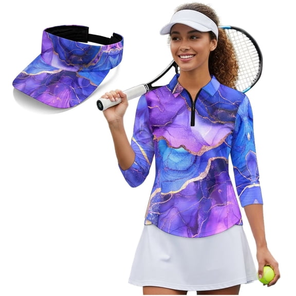 Garronmavis Purple Marble Women's Golf Shirt and Sun Visor Hat Set Fit Plain 3/4 Sleeve Golf Shirts Sports Sun Visor Hat for Shopping and Daily Wear Breathable Fabric Quarter Zip
