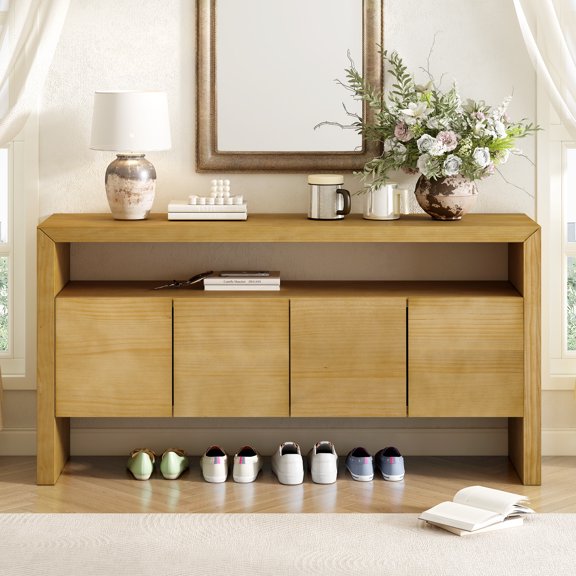 Euroco 60" Sideboard Buffet Cabinet with Storage, Solid Wood Coffee Bar Station Table with 4 Doors and Open Shelf for Living Room,Hallway,Natural