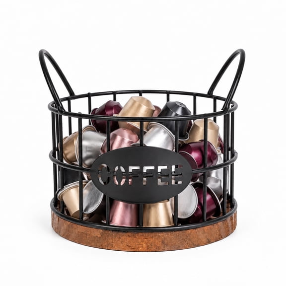 Coffee Pod Holder for Countertop, Wooden Base Coffee Pod Organizer, Black Metal Coffee Storage Basket for Kitchen Desktop Office