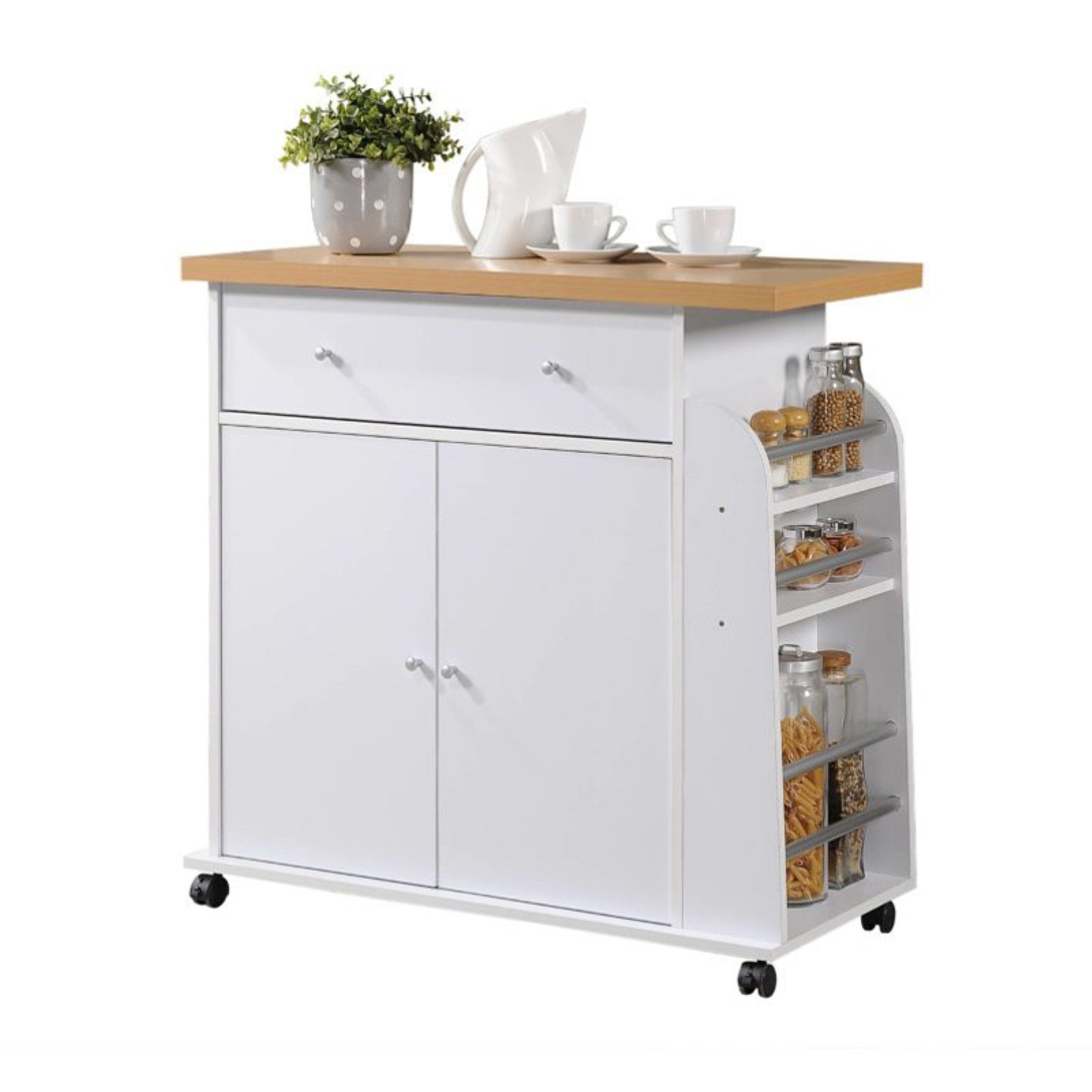Hodedah HIK65 WHITE Kitchen Island Spice Rack & Towel RackWhite