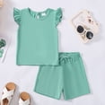 thumbnail image 2 of Kucnuzki 3T Toddler Girl Summer Outfits Shorts Sets Fly Sleeve Pure Color Casuak Tee Top Elastic Shorts 2PCS Set Green, 2 of 8