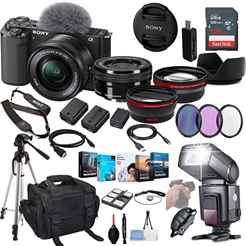 Sony ZV-E10 Mirrorless Camera with 16-50mm Lens (Black) Bundle - ILCZV-E10L/B   Prime Accessory Package Including 128GB Memory, TTL Flash, Battery, Editing Software Package, Auxiliary Lenses & More